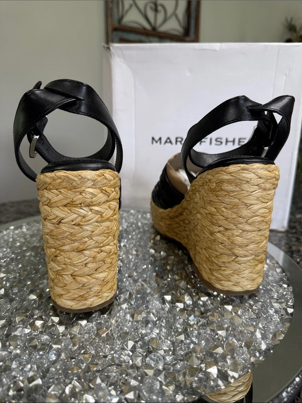 Marc Fisher Godina Black Woven Espadrille Wedge Sandals NEW 7.5